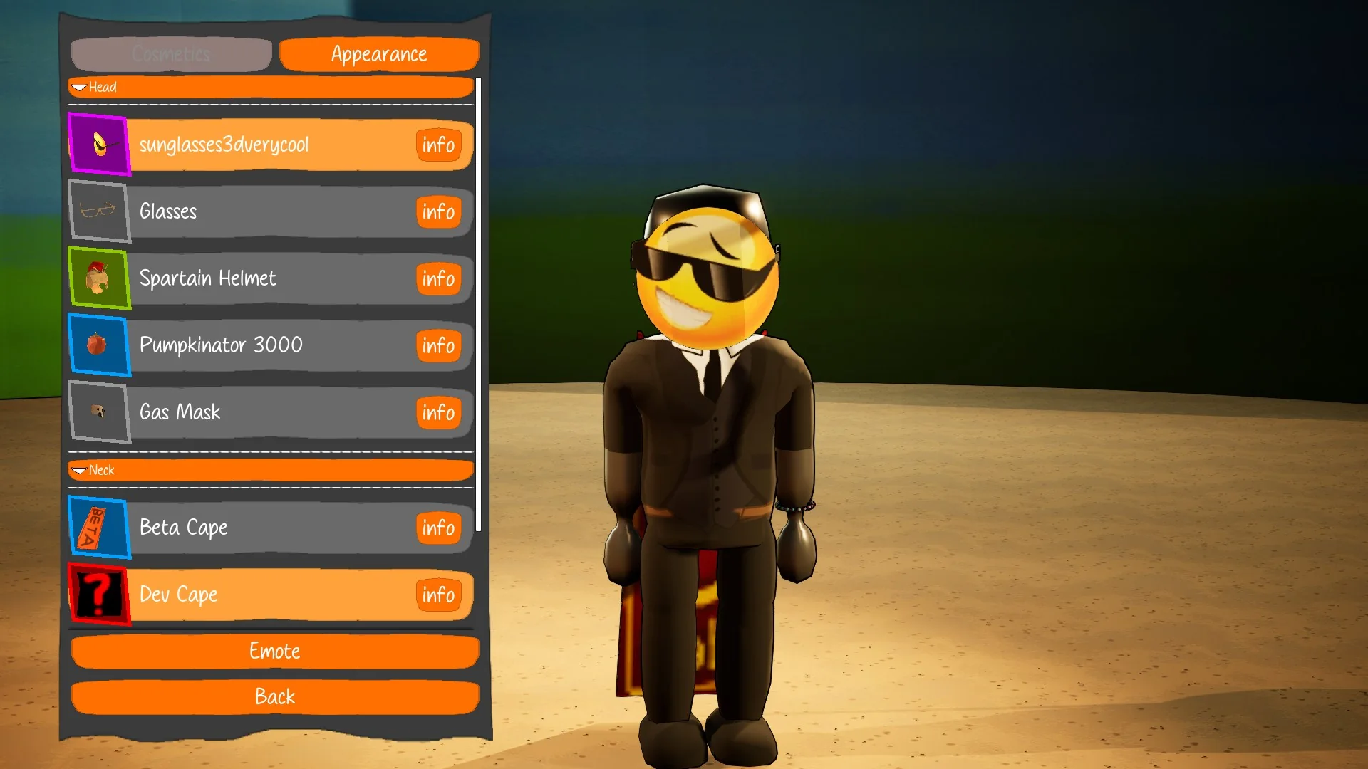 In-game cosmetics menu: a suited character with a grinning sunglasses-emoji face beside a list of head and neck items including a Spartan Helmet, Pumpkinator 3000, Gas Mask and Dev Cape.